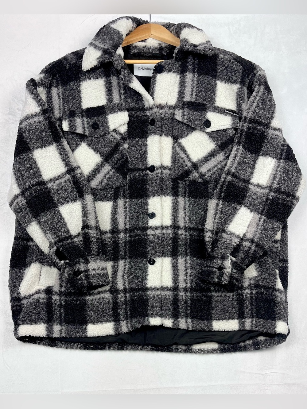 Calvin Klein Jeans Oversized Plaid Teddy Shacket Jacket Black White Coat Size XL